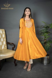 silk yellow ochre  hand embroidery  dress
